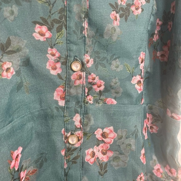 RAHI Anthropologie Teal Floral Mini Dress Size M Sheer Puff Sleeve Button Front - Picture 4 of 8